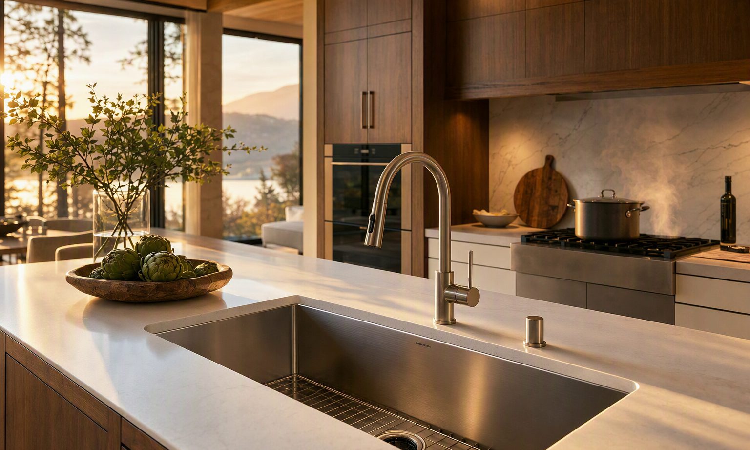 RUMOO handmade stainless steel kitchen sink in a modern kitchen at golden hour