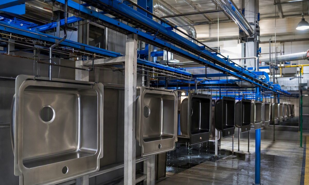 Sinks hanging on the PVD coating conveyor line