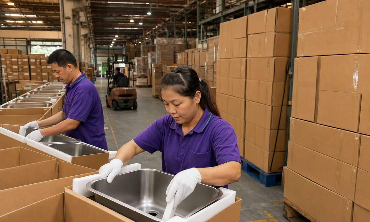 Workers packing sinks into export cartons