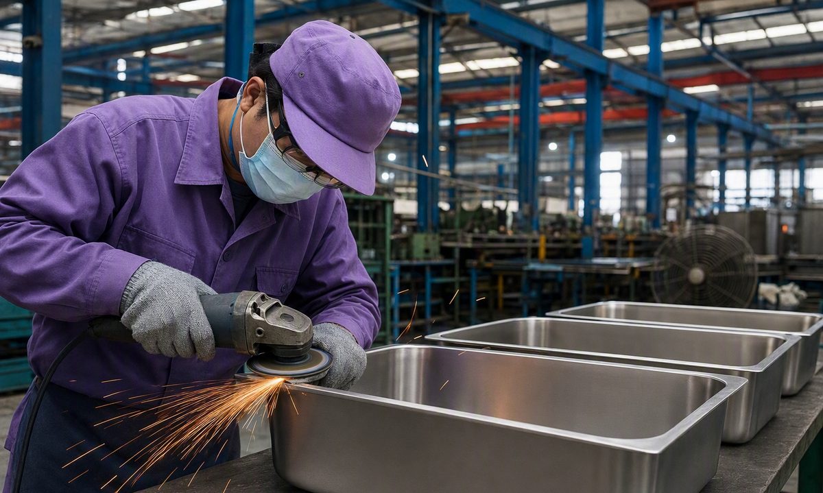 Worker hand-polishing a stainless steel sink