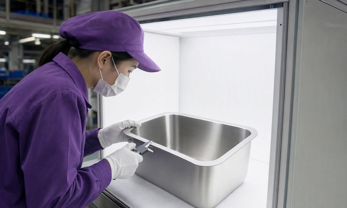 Inspector checking sink surface under bright light